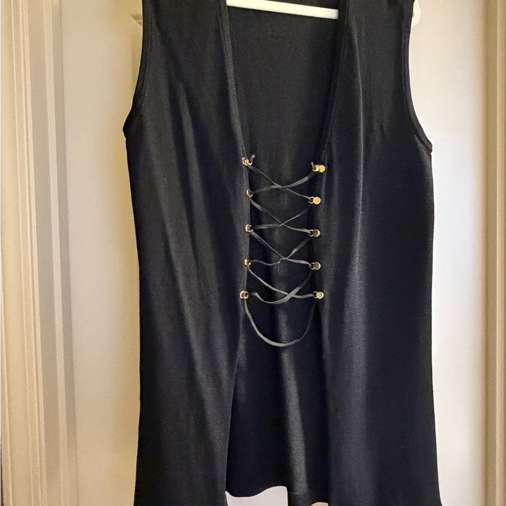 St. John Collection Lace-Up Knit Vest Black Gold Long Top Size M Dog Show